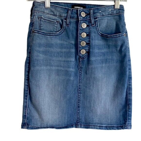 Express Denim Jean Mini Skirt Stretch High Rise Size with Buttons Size 00 - Picture 1 of 7